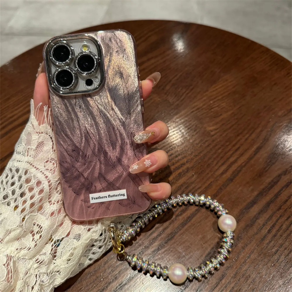 เคสโทรศัพท์มือถือแบบแข็ง กันกระแทก ไล่โทนสี แต่งขนนก พร้อมฟิล์มกันรอยเลนส์กล้อง หรูหรา สําหรับ iPhone15 14 13 12 11 Pro Max