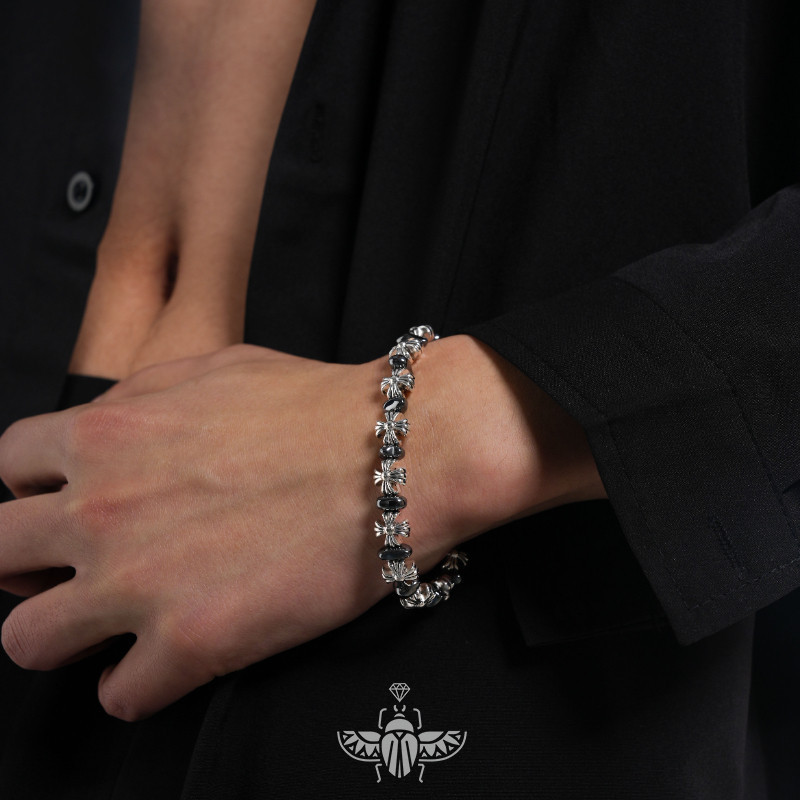 Kroxin series สร้อยข้อมือ เชือกยางยืด ประดับลูกปัด ลายดอกไม้ สีเงิน ระดับไฮเอนด์ สําหรับผู้ชาย ผู้หญิง