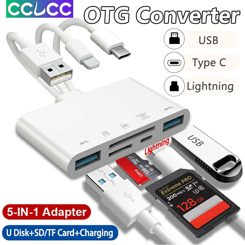 Cclcc ตัวแปลง Lightning USB Type C OTG 5 IN 1 การ์ดรีดเดอร์ SD TF พร้อมพอร์ต USB 3.0 และพอร์ตชาร์จเร็ว สําหรับ Samsung S24 S23 Ultra I Phone 15 14 12 Pro Max PC แล็ปท็อป