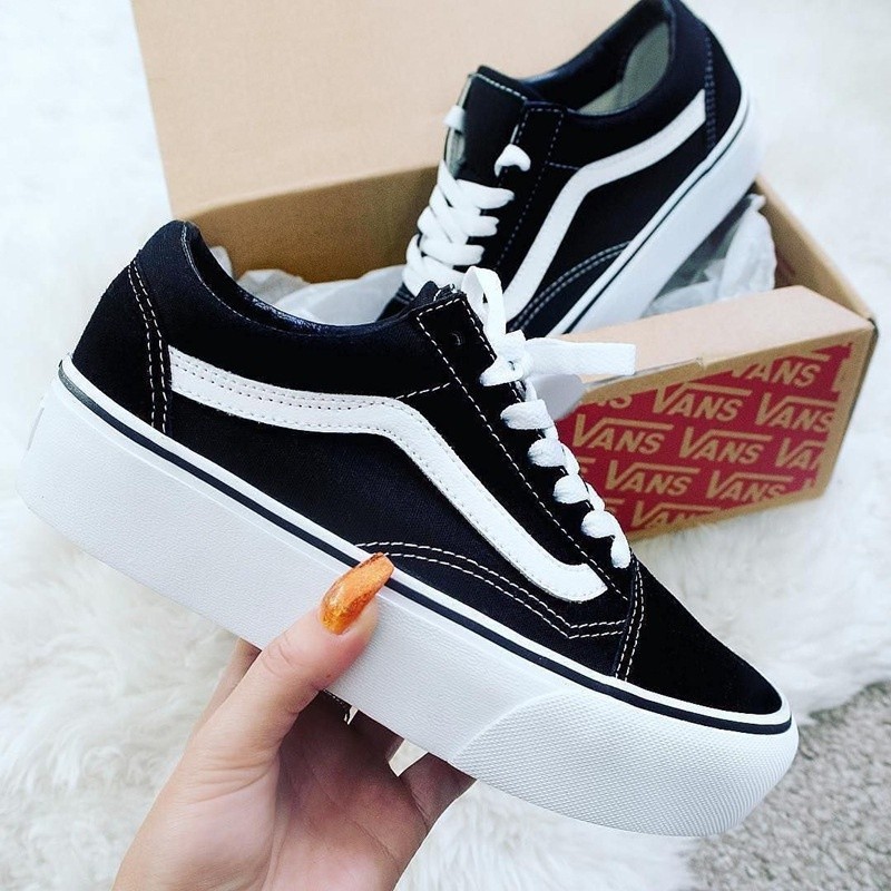 COD VANS Old Skool Thick-soled Increased Low-top Classic Black and White Platform Canvas Shoes Men