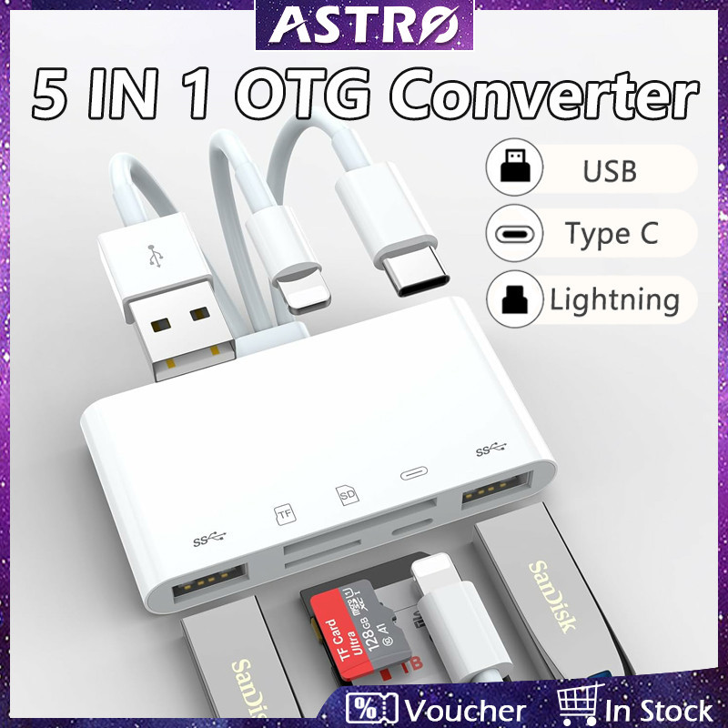Astro เครื่องอ่านการ์ด SD TF อเนกประสงค์ สําหรับ Lightning USB Type C USB 3.0 OTG พร้อมพอร์ตชาร์จ 15 14 12 Pro Max MacBook Pro Samsung S24 S23 Ultra PC