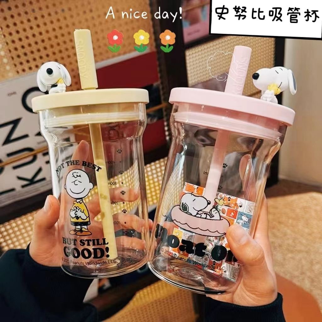 [พร้อมส่ง] แก้วน้ํา ลายการ์ตูนสนูปปี้น่ารัก พร้อมหลอดดูด สําหรับนักเรียน