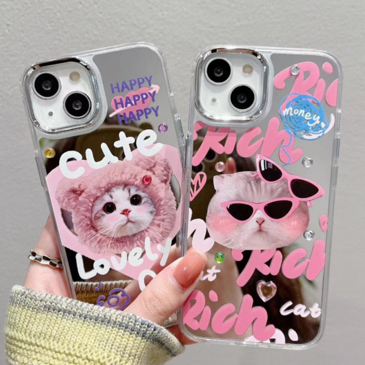 เคสไอโฟน11/12/13/14/15 Pro max เคสน่ารัก Cute Cats Mirror Case For iPhone 11 15 13 12 14 Pro Max 11 ProMax