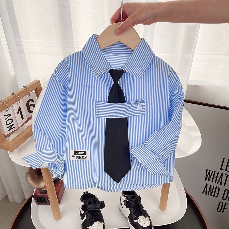 เสื้อเชิ้ตแขนยาว ผ้าฝ้าย ลายทาง สีฟ้า อเนกประสงค์ แบบทันสมัย สําหรับเด็กผู้ชาย 2024