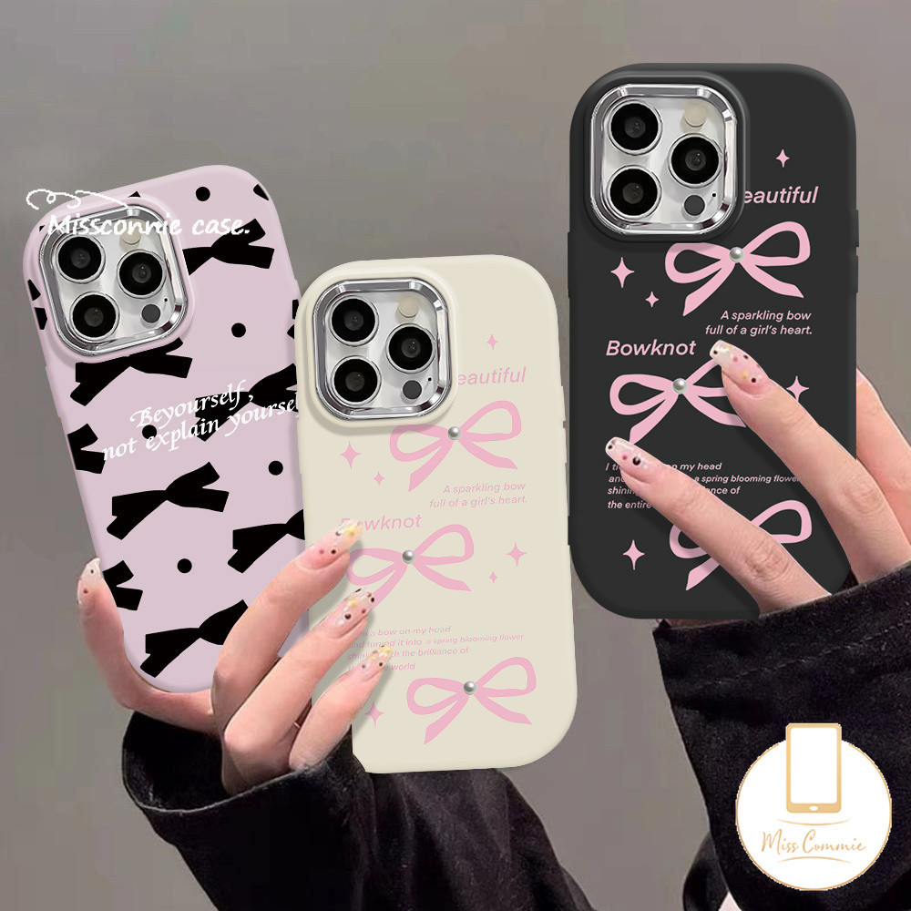 เคสโทรศัพท์มือถือชุบโลหะ แบบนิ่ม ประดับโบว์ สีชมพู สีดํา หรูหรา สําหรับ IPhone 11 15 12 14 13 Pro Max XR 7Plus 8 7 Plus XS X Max SE 2020