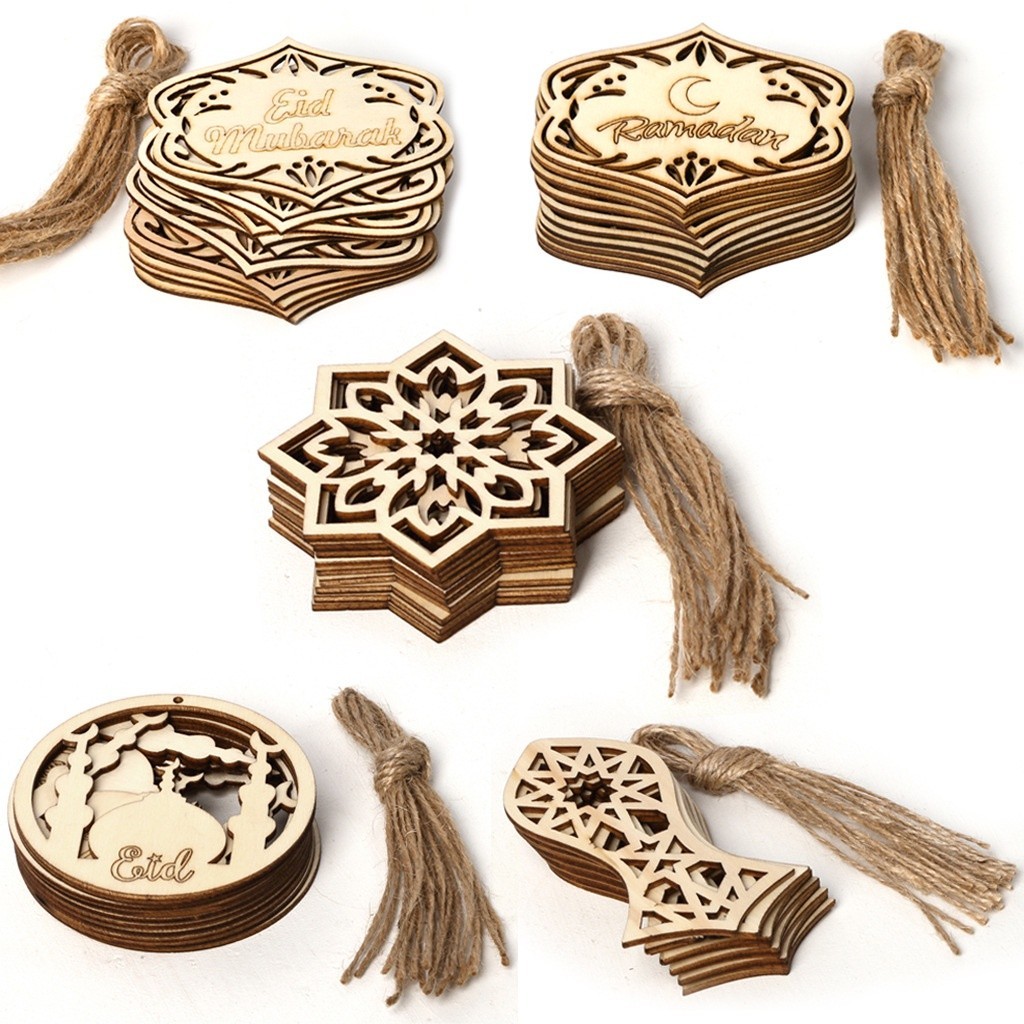 1 ชิ้นไม้ Eid Mubarak จี้ Ramadan Dropping DIY Eid Mubarak ตกแต่ง Hajj Mubarak Party Supplies Moon E