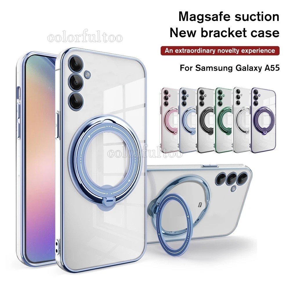 SAMSUNG Galaxya16เคสโทรศัพท์สําหรับsamsung Galaxy A16 A06 A55 A54 A35 SamsungA55 4G 5Gโปร่งใสชุบปลอกแหวนผู้ถือแม่เหล็กกันกระแทกกันชนยึดนุ่มTPUขอบปกหลัง