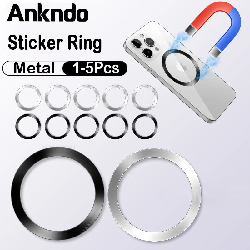 Ankndo 5pcs สติกเกอร์แหวนโลหะ แม่เหล็กไร้สาย เข้าได้กับ iP 15 14 13 Magsafe