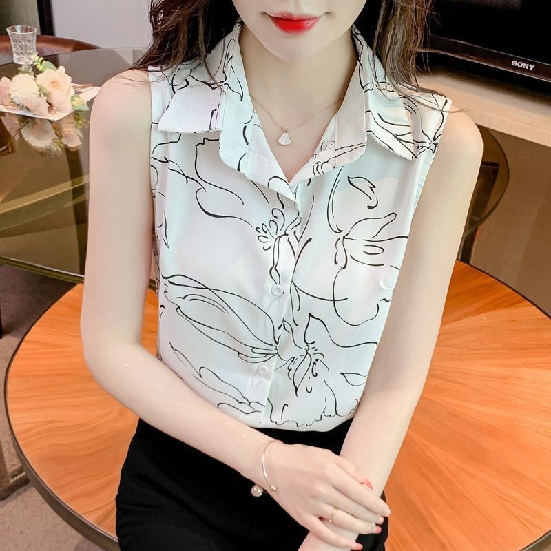เสื้อเชิ้ตแขนกุด ผ้าชีฟอง ลายดอกไม้ หรูหรา แฟชั่นฤดูร้อน สําหรับผู้หญิง 2024