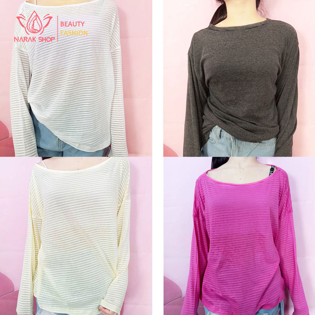 เสื้อยืดคอกลมสีพื้นแขนยาวมาใหม่ เสื้อทรงว้าว แต่งด้วยสองเส้น