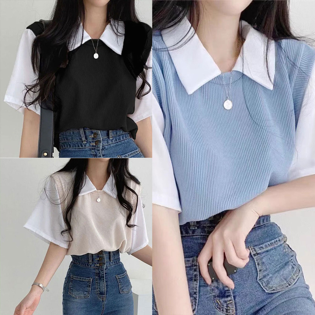 เสื้อเชิ้ตแขนสั้น คอปกงานตัดเย็บสวย สวมใส่สบาย สีทูโทน