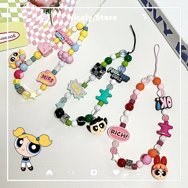 สายโซ่คล้องโทรศัพท์มือถือ ประดับลูกปัด ลายการ์ตูน ป้องกันการสูญหาย สีแคนดี้ สําหรับเด็กผู้หญิง
