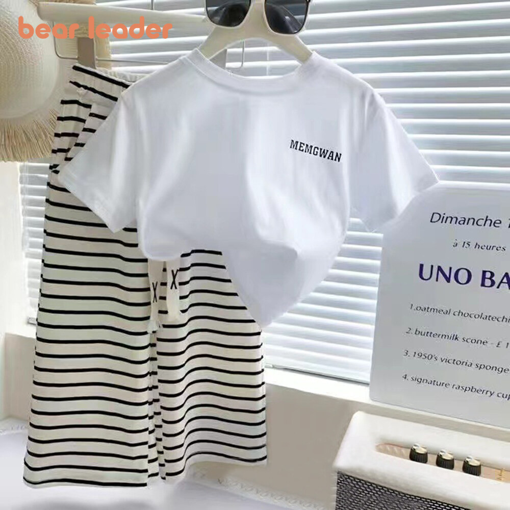 ชุดเสื้อยืด และกางเกง ลายตัวอักษรหมี สีขาว แฟชั่นฤดูร้อน สําหรับเด็กผู้หญิง อายุ 1-7 ปี 2 ชิ้น
