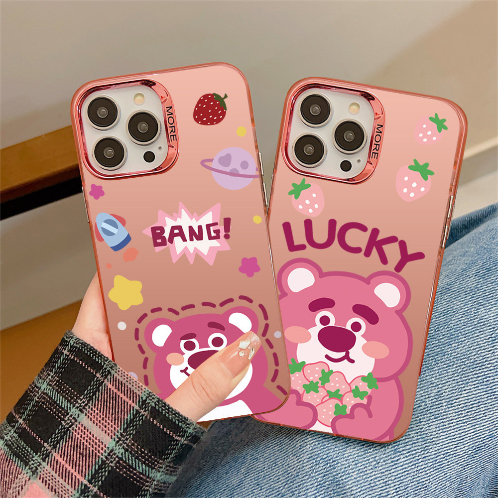เคสโทรศัพท์มือถือ ลายหมีสตรอเบอร์รี่ สองชั้น สีเงิน สําหรับ iPhone 15 11 13 14 12 Pro 7 8 Plus XS Max X XR