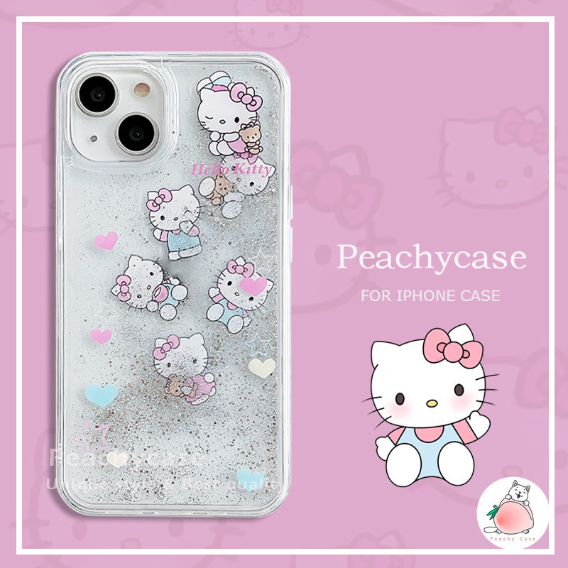 เคสโทรศัพท์มือถืออะคริลิคใส แบบแข็ง กันกระแทก ลายแมวคิตตี้ มีทรายไหล สําหรับ iPhone 15 14 13 12 Pro Max 11 15pro