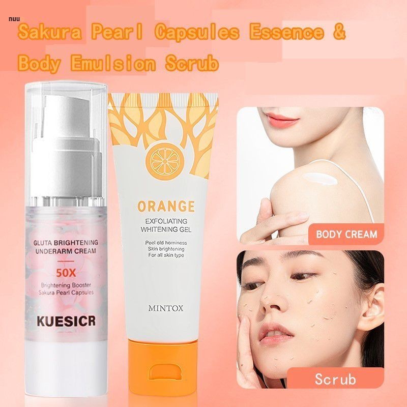 2PCS Skin Moisturizing Essence SAKURA Pearl แคปซูลครีมใต้วงแขน + Body Emulsion Scrub GEL Facial Body Facial Scrub ทำความสะอาดผิว nuuo