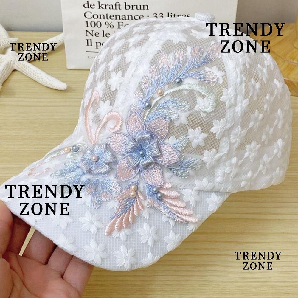 Trendyzone หมวกเบสบอล กันแดด ปักลายลูกไม้ ดอกไม้ ลิ้นเป็ด ระบายอากาศ สําหรับผู้หญิง