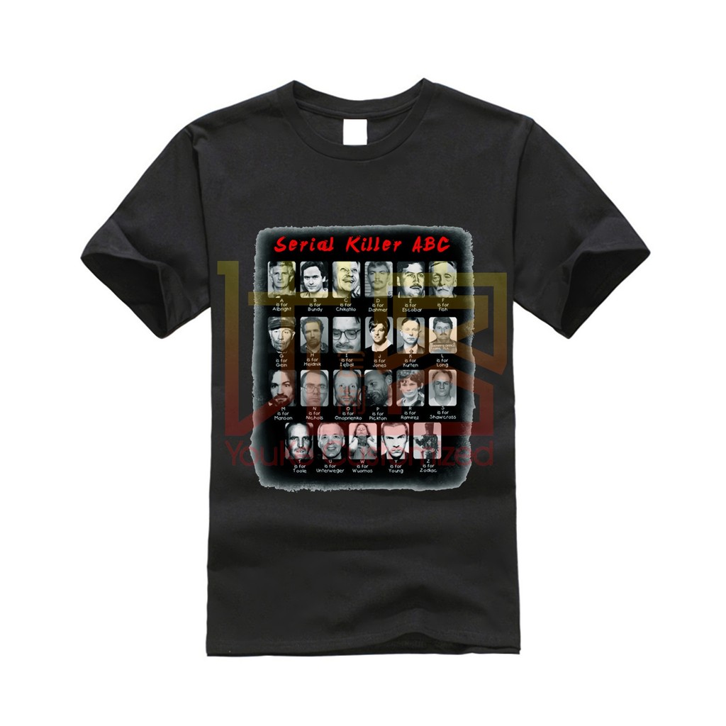 2025 เสื้อฤดูร้อนใหม่ตลกเสื้อยืด SERIAL KILLER ABC DAHMER MANSON BUNDY SERIAL KILLER WANTED US Custo