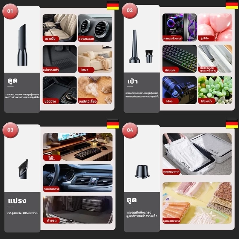 เครื่องดูดฝุ่นไร้สาย 13in1 1200W 128000Pa สำหรับรถยนต์ thumbnail 4
