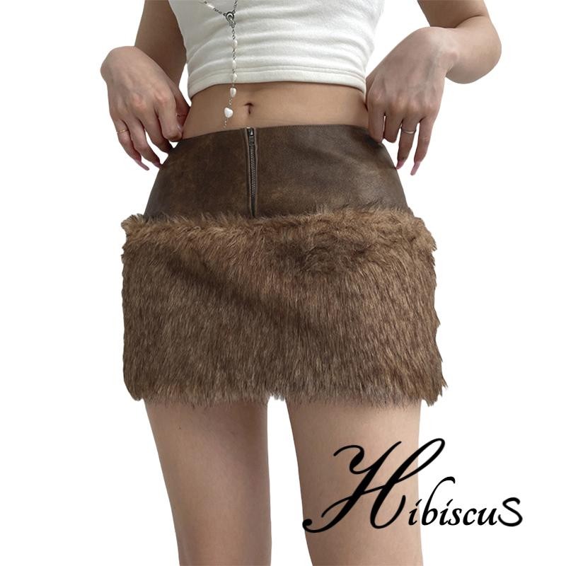 ชบา-ผู้หญิง tidding หนังขนสัตว์ Patchwork กระโปรงต่ําเอวซิปด้านหน้า Bodycon กระโปรงมินิสําหรับงานปาร์ตี้ - รูปที่ 5