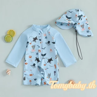 Tomybaby-ชุดว่ายน้ำเด็กชายแขนยาวลายสัตว์ทะเลลำลองพร้อมซิป + หมวก