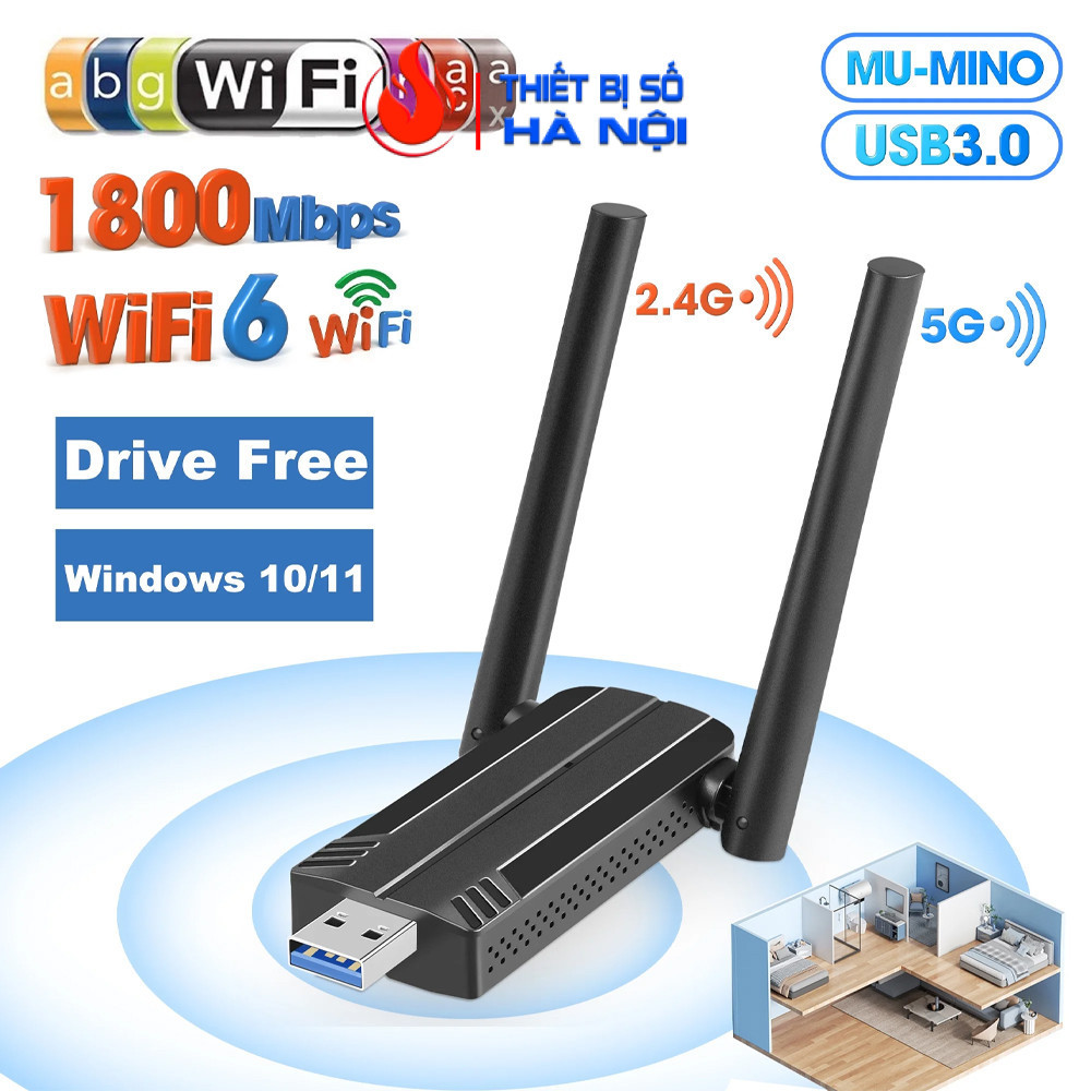 ตัวรับสัญญาณ USB WIFI 6 2 เสาอากาศ 2.4G-5G 900mbps, 1300mbps, ความเร็วสูง 1800mbps สําหรับพีซี, LAPT