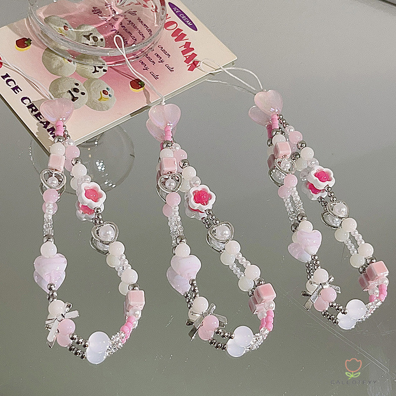 สายคล้องโทรศัพท์ป้องกันการสูญหายที่สะดวกสบายสำหรับผู้หญิง สายคล้องโทรศัพท์ประดับลูกปัดดอกไม้สีชมพู โบว์คริสตัล-CY