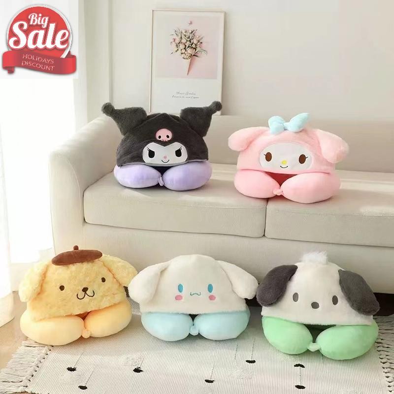 Af Sanrio Kawaii Hooded U-รูป Nap หมอนตุ๊กตาอะนิเมะ Kuromi Hello Kitty My Melody หมอนเดินทางสไตล์ญี่ปุ่นหมอนรองคอ A