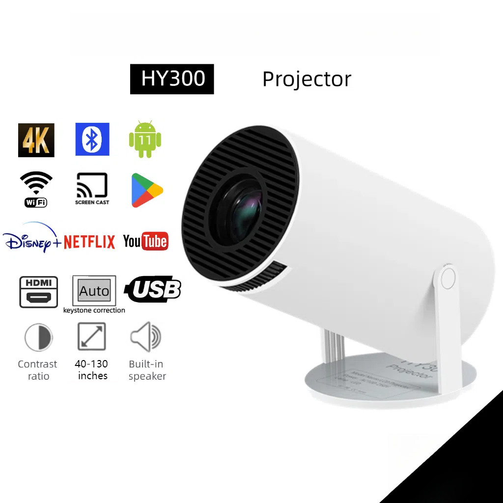 Hy300 โปรเจคเตอร์ 4K Android 11 สมาร์ท Projecter Wifi บลูทูธโปรเจคเตอร์แบบพกพาสําหรับโทรศัพท์แล็ปท็อ