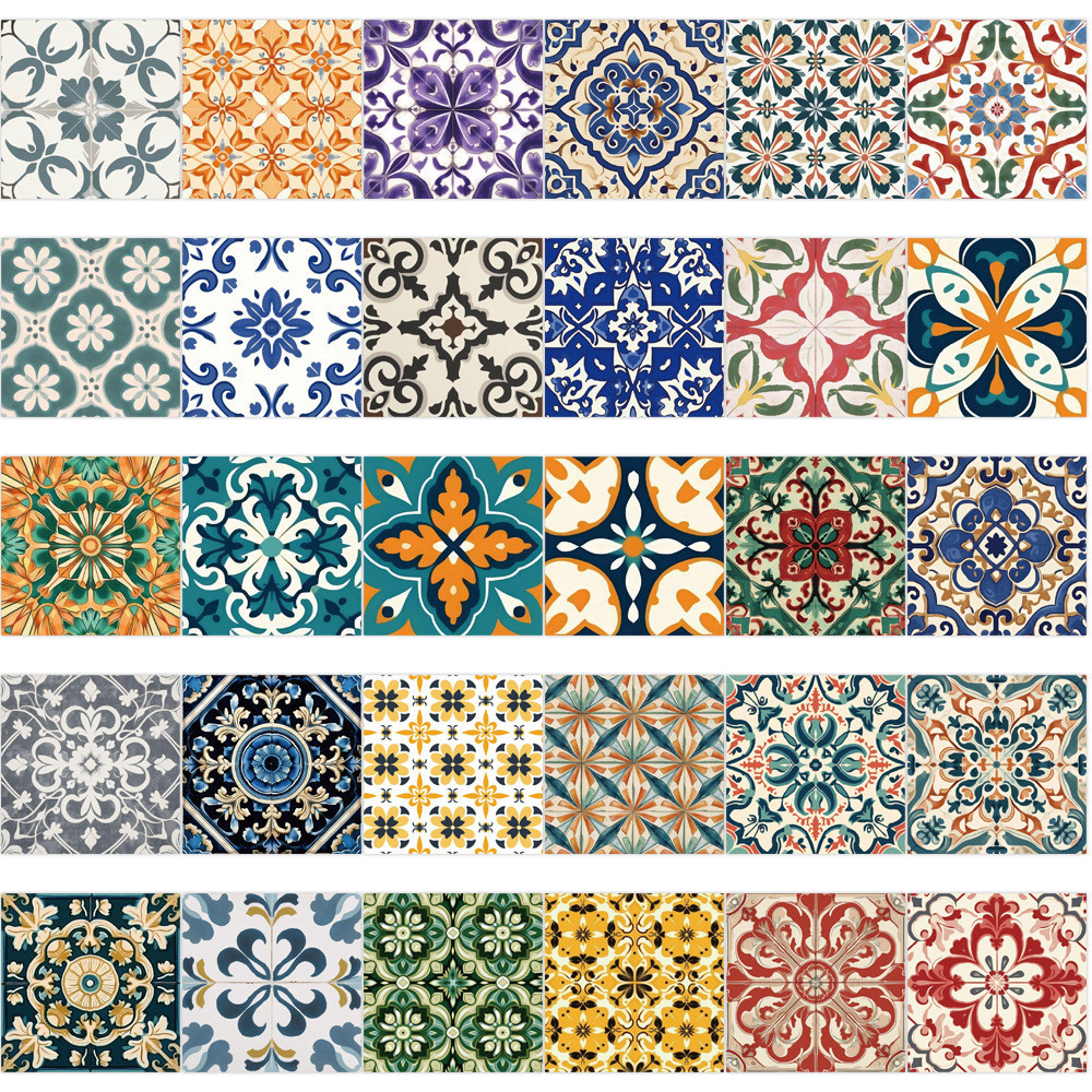 💥พร้อมส่ง💥retro tiles INS 60pcs sticker  สติกเกอร์กันน้ำรูปแบบที่แตกต่างกัน 60ชิ้น - รูปที่ 4