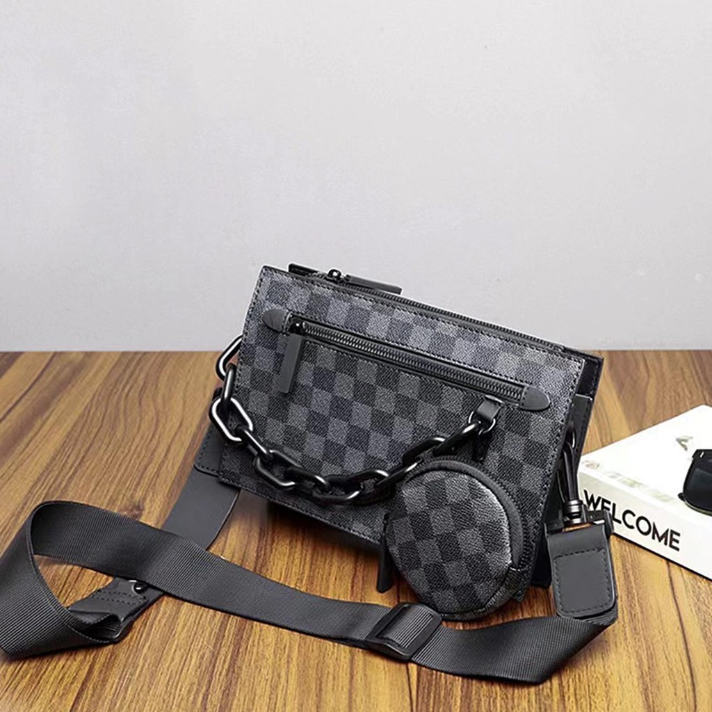 L3231 กระเป๋าสะพายข้างลายสก๊อตผู้ชายใหม่ แฟชั่นกระเป๋าสะพาย กระเป๋าสะพายลำลอง PVC Shoulder Bags