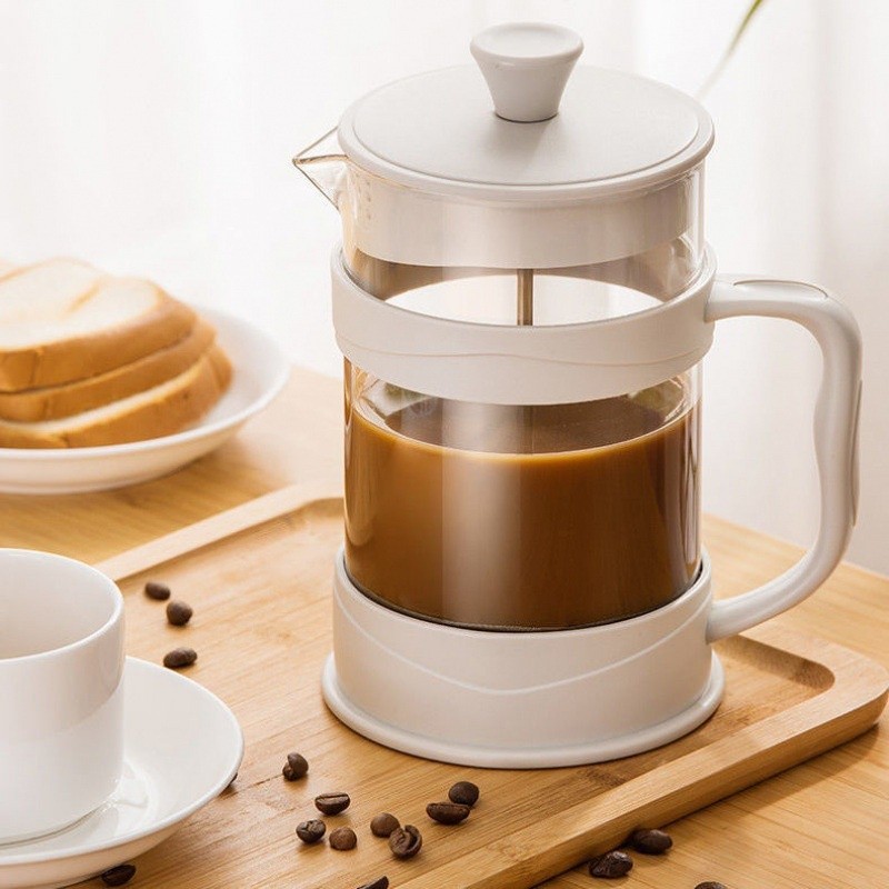 หม้อต้มกาแฟแบบกดฝรั่งเศส หม้อกรองกาแฟแบบกดชงด้วยมือ ฝาครอบพลาสติก เครื่องชงชาในครัวเรือน ชุดฟองนม