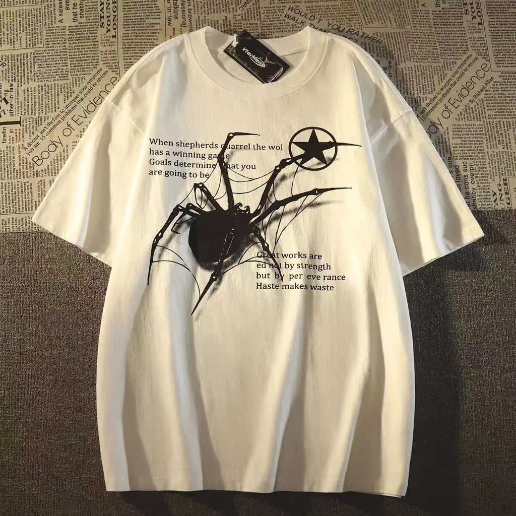 COD MAO SHOPไตล์อเมริกันวินเทจถนนแมงมุมผ้าฝ้ายแขนสั้นเสื้อยืดฤดูร้อนหลวมพอดีกับแบรนด์