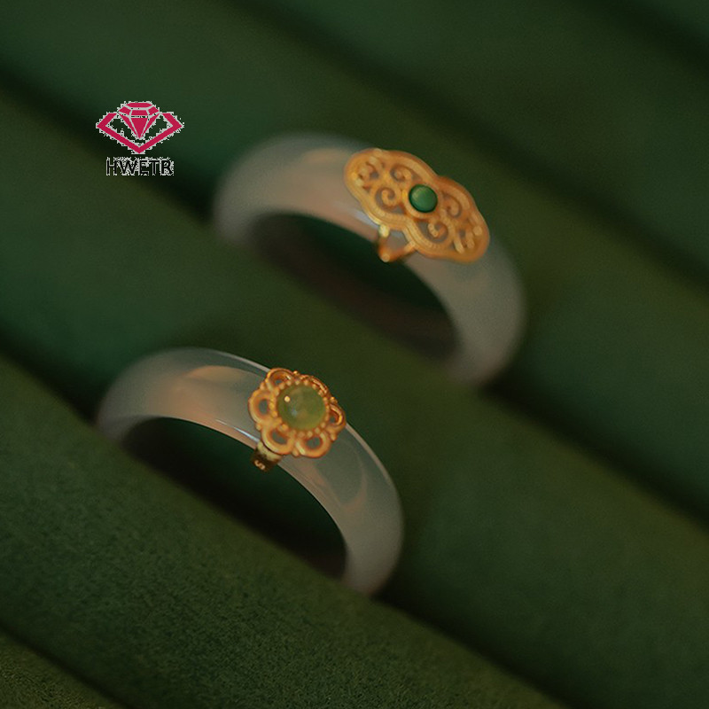 Hwetr แหวนหยกเทียม สไตล์จีน ย้อนยุค เครื่องประดับแฟชั่น เรียบง่าย จับคู่ ใหม่