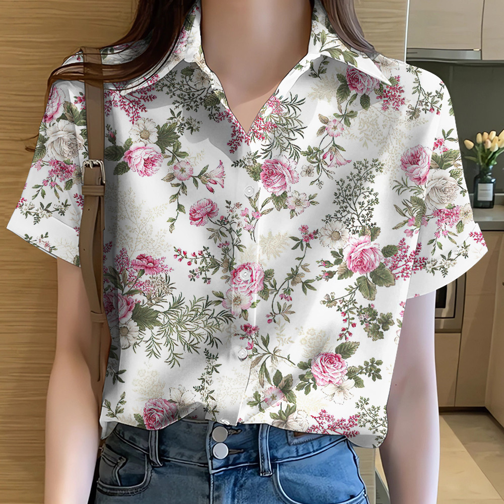 เสื้อสงกรานต์2567 เสื้อฮาวายผู้หญิง เสื้อเชิ้ตชายและหญิงเกาหลีทรงหลวมระบายอากาศได้ดี ลายดอกไม้สดขนาดเล็ก