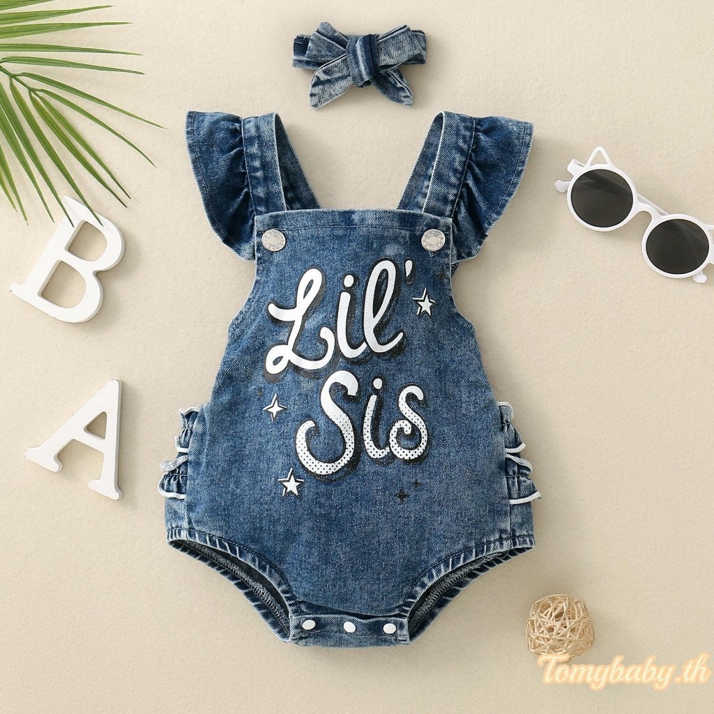 Tomybaby- ชุดรอมเปอร์ ผ้ายีน พิมพ์ลายตัวอักษร และที่คาดผม แฟชั่นฤดูร้อน สําหรับเด็กผู้หญิง 2 ชิ้น
