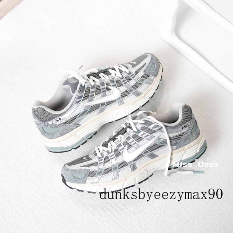 NK P-6000 Ore สีเทาสีเขียวสีเทาสีฟ้า Retro เย็บ Suede Cream Sole Daddy รองเท้าเงินสีเทาผู้ชายผู้หญิง