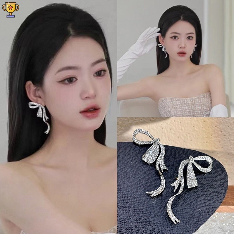 【TR】ใหม่ ต่างหูคริสตัล พลอยเทียม ริบบิ้นโบว์ หรูหรา โรแมนติก สําหรับผู้หญิง CEP