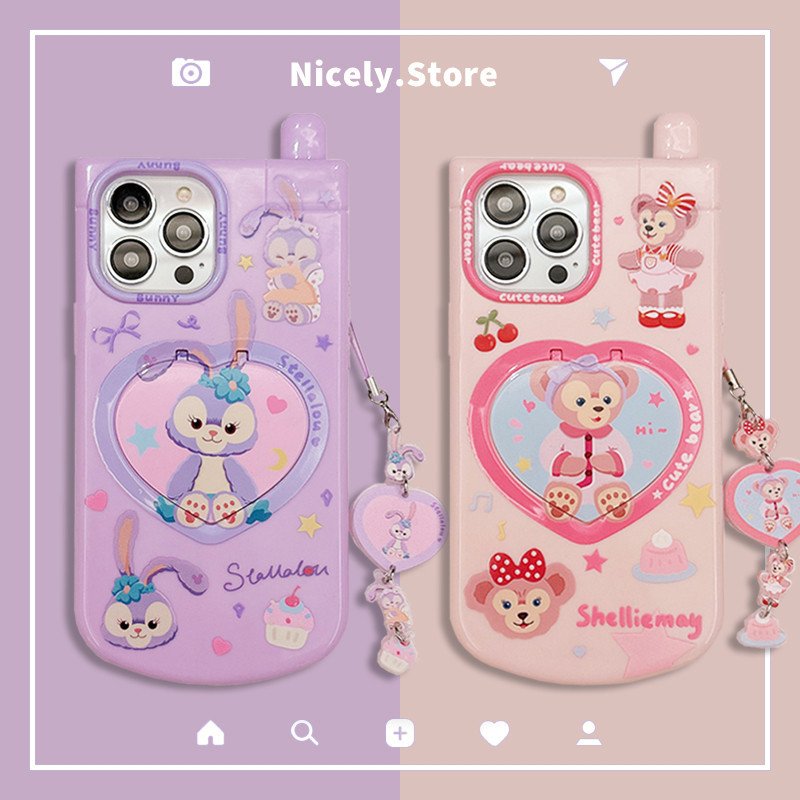 เคสโทรศัพท์มือถือ TPU ปิดด้านหลัง กันกระแทก ลายการ์ตูนกระต่าย หมี พร้อมกระจกแต่งหน้า และขาตั้ง สําหรับ iPhone 15 14 13 12 Pro Max 11