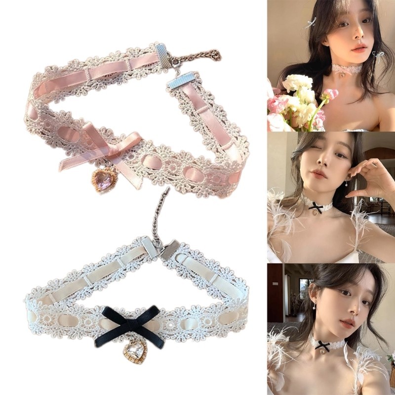 Noe Heart จี้สร้อยคอ Dainty Bowknot Neckchain เครื่องประดับลูกไม้สําหรับสวมใส่ทุกวัน