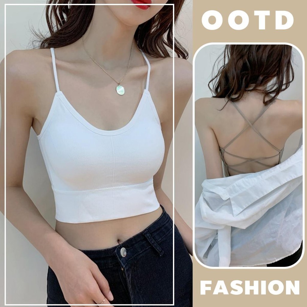 MIMI&DIDI เสื้อสายเดี่ยวครอป สลิงข้ามซับในมีฟองน้ำ ผ้านิ่มใส่สบายราคาดีมาก แฟชั่น น่ารัก สไตล์เกาหลี(X0620)