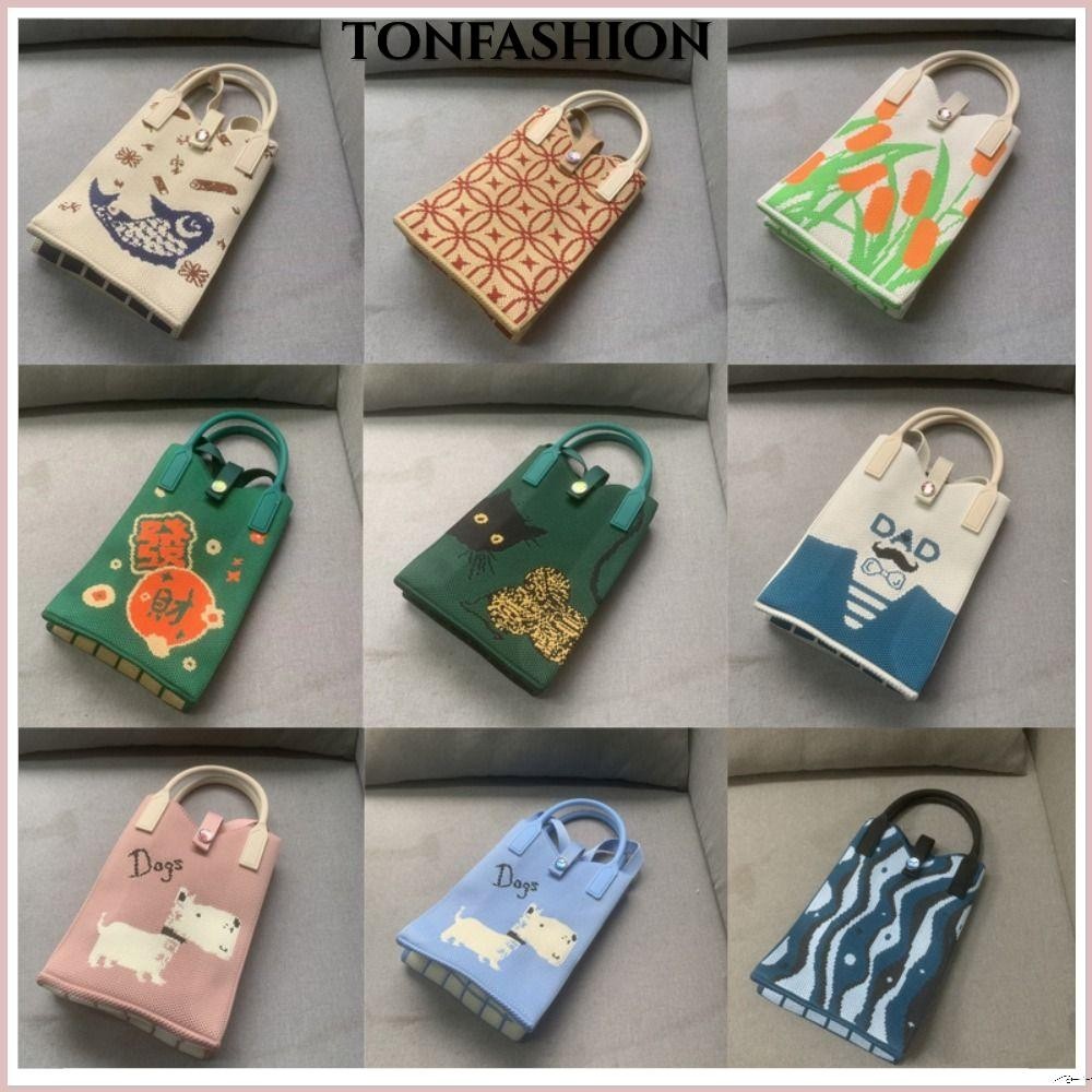 Tonfashion กระเป๋าถือ ถักนิตติ้ง แฮนด์เมด มินิ ผูกปม กระเป๋าข้อมือ นํากลับมาใช้ใหม่ได้ ความจุสูง ถัก กระเป๋าใส่โทรศัพท์ ผู้หญิง