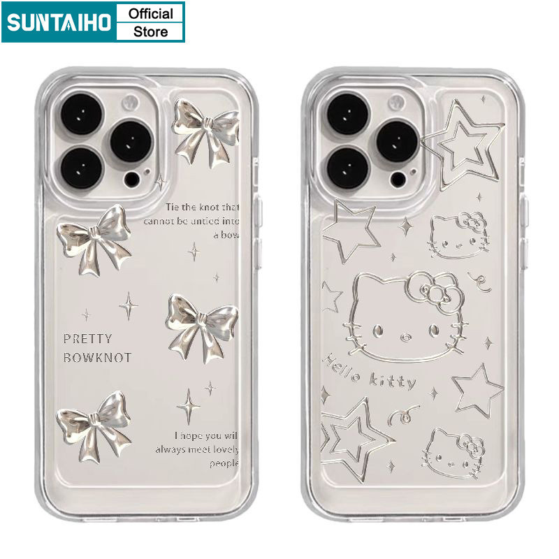 Suntaiho เคสไอโฟน เคสโทรศัพท์มือถือแบบนิ่ม TPU ใส กันกระแทก แต่งโบว์ แมว แฟชั่น สําหรับ Iphone 15 14 12 13 11 Pro Max IP 7 8 Plus Iphon X Xs XR Xs Max