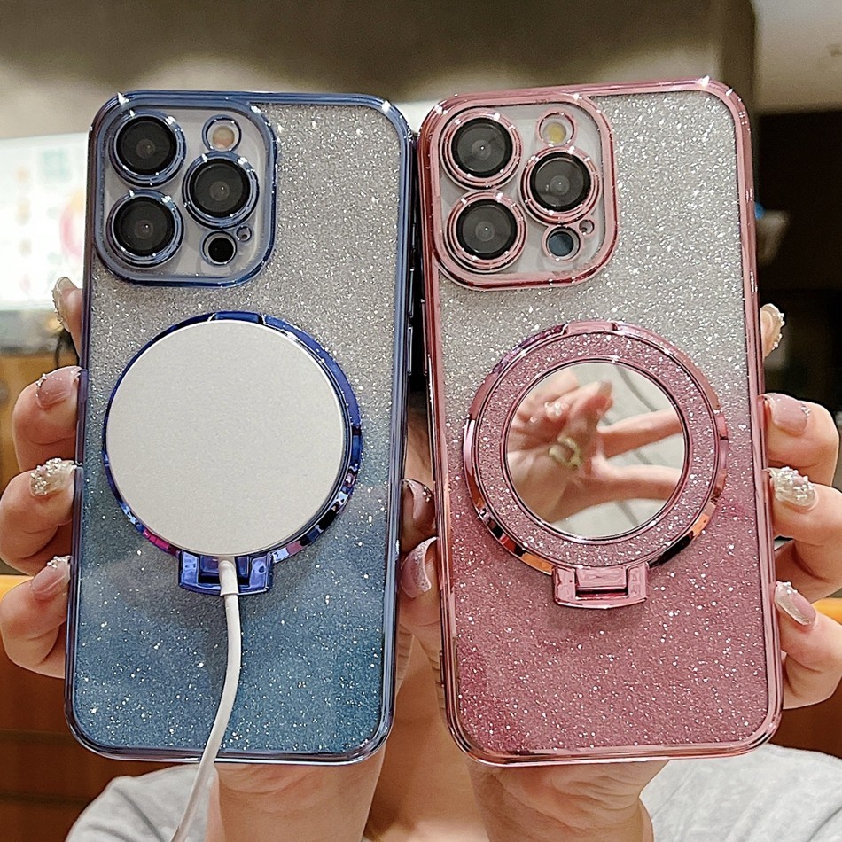 เคสโทรศัพท์มือถือกระจก แบบนิ่ม ลายฟอยล์สีทอง มีขาตั้งแม่เหล็ก ป้องกันเลนส์กล้อง สําหรับ IPhone 14 15 13 11 12 Pro Max Plus X XR XS Max 7 8 Plus Se2020