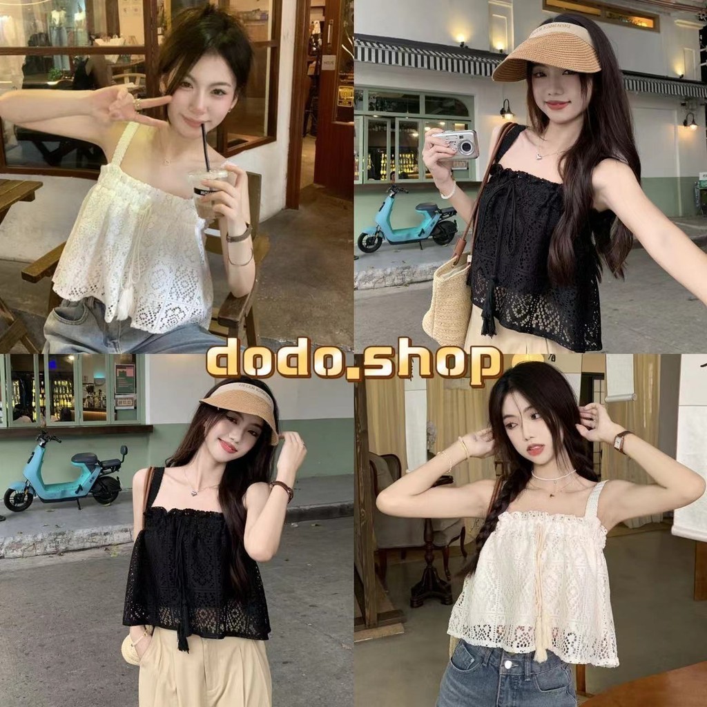 DODO⭐️สินค้าพร้อมส่ง⭐️เสื้อสายเดี่ยวผ้าลูกไม้ทรงบาน แต่งสายรูดหน้าอก ดีเทลเก๋ๆน่ารักไม่เบา(61622)