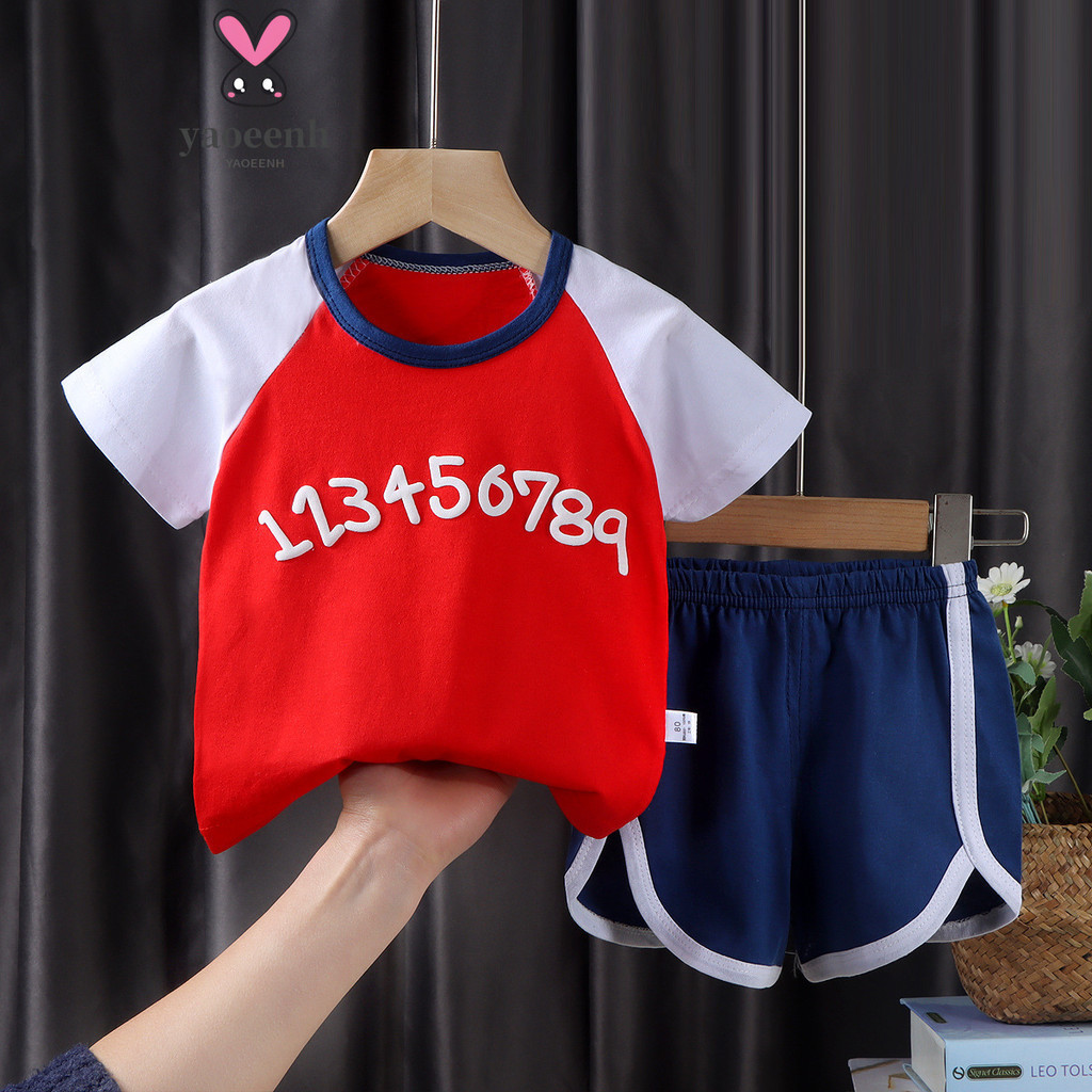 【YAOEENH】พร้อมส่ง ชุดเสื้อแขนสั้น กางเกงขาสั้น ผ้าฝ้ายแท้ ขนาดเล็ก 73-130 ซม. สองชิ้น สําหรับเด็กผู้ชาย และเด็กผู้หญิง