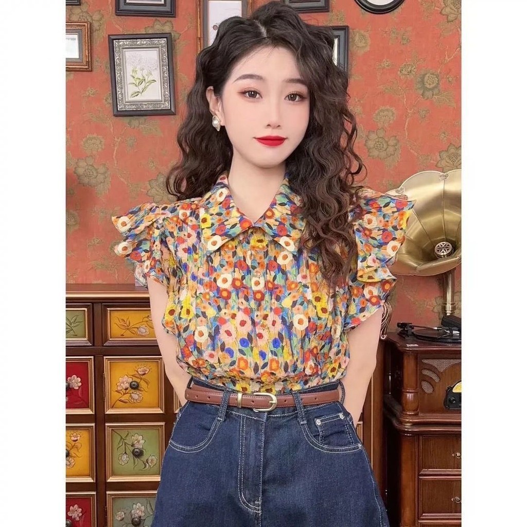 เสื้อเชิ้ตแขนบิน ลายดอกไม้ สไตล์เรโทร แฟชั่นฤดูร้อน สําหรับผู้หญิง