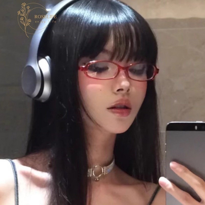 พร้อมส่ง Y2K แว่นตาแฟชั่น ทรงสี่เหลี่ยมผืนผ้า เลนส์ใส สีแดง สไตล์เรโทร สําหรับผู้หญิง