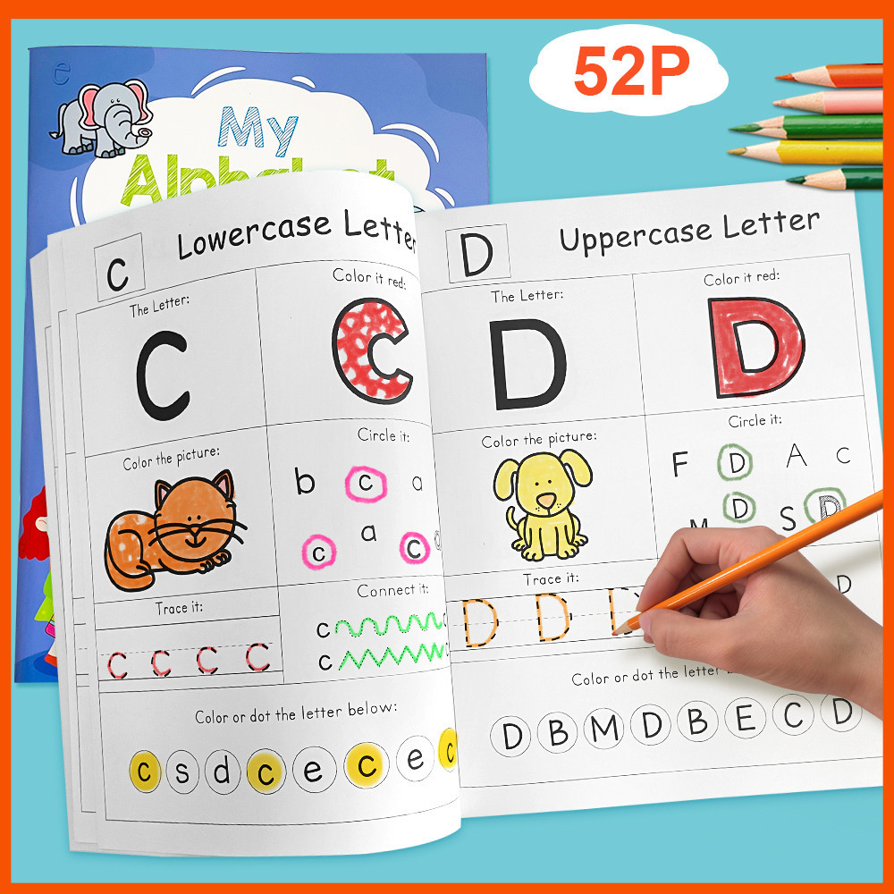 สมุดงานจดจําตัวอักษรภาษาอังกฤษสําหรับเด็ก (52 หน้า) - Uppercase & Lowercase Tracing Coloring & Matching กิจกรรมเพื่อการศึกษาตัวอักษรก่อนวัยเรียน