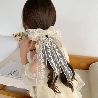 กิ๊บติดผมยาว ประดับโบว์ แต่งลูกไม้ ขนาดใหญ่ สีขาว แฟชั่นสําหรับสตรี